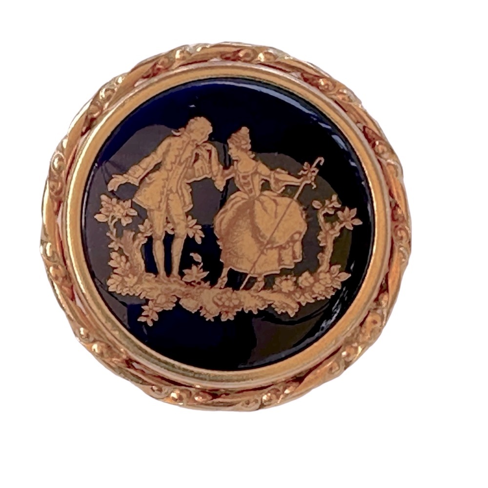 Vtg France Limoges Enamel Porcelain Brooch Courting Couple Cobalt Blue & Gold